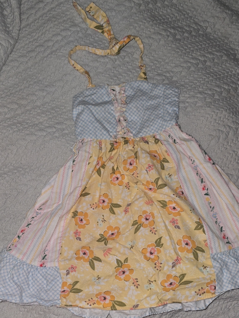Girls Yellow Floral Patchwork Sundress with Blue Gingham Bodice